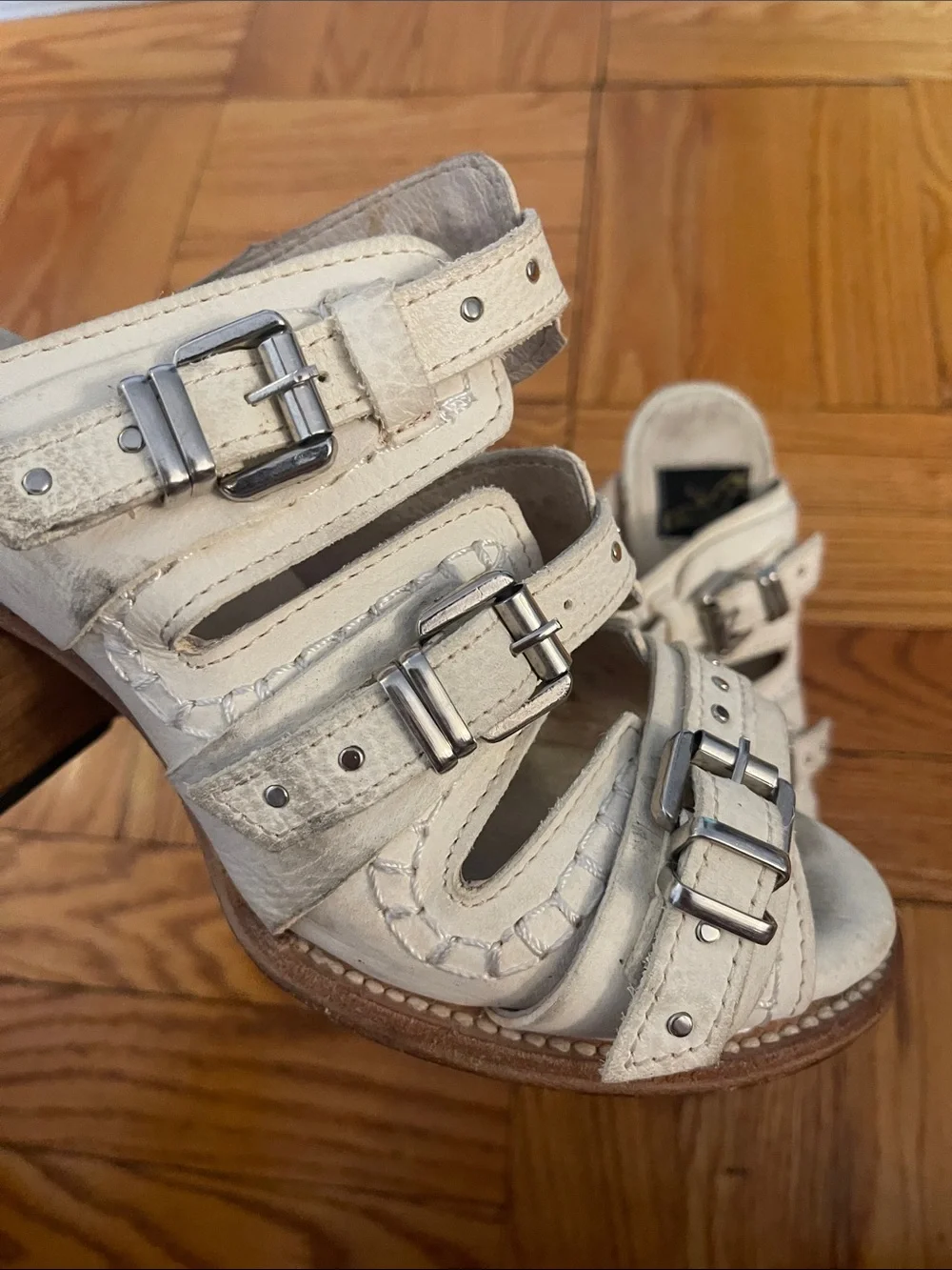 Freebird by Steven Caitlyn Cream Buckle Strappy Block Heel Sandals